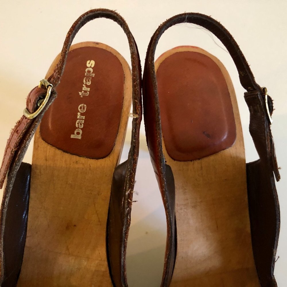 Vintage BareTraps Bare Traps 70s Wood Platform Sandals Heels Shoes - Picture 3 of 8